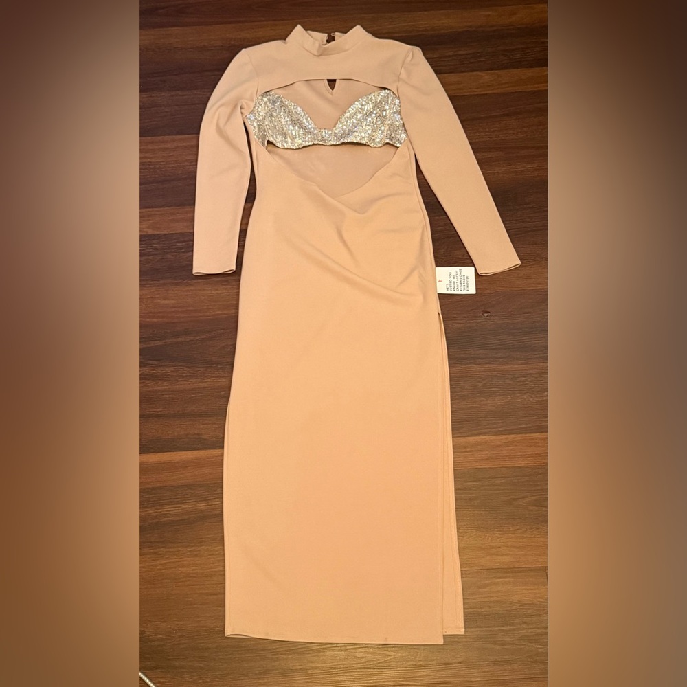 ASOS Beige Long Sleeve Dress with Silver Sequin Detail